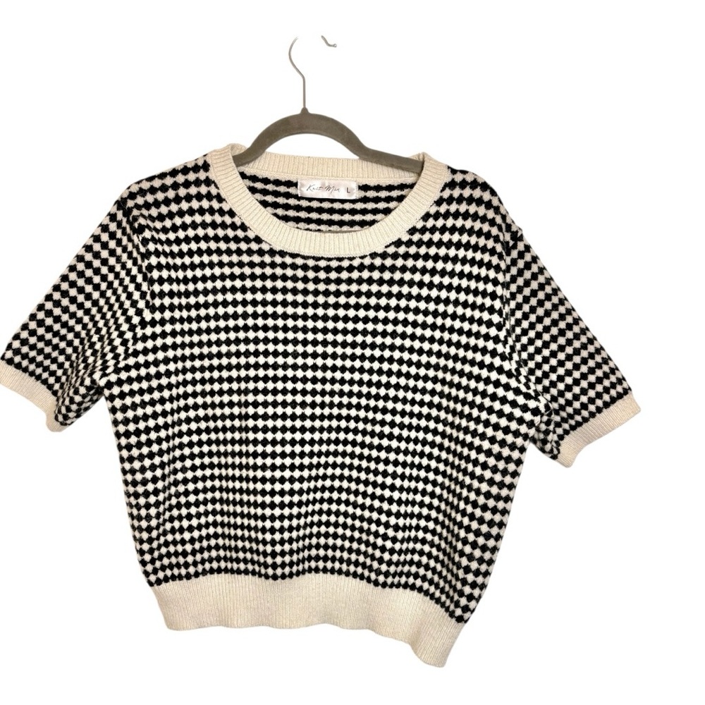 Knit Mix Retro Indie Black Cream Diamond Knit Cropped Sweater Large